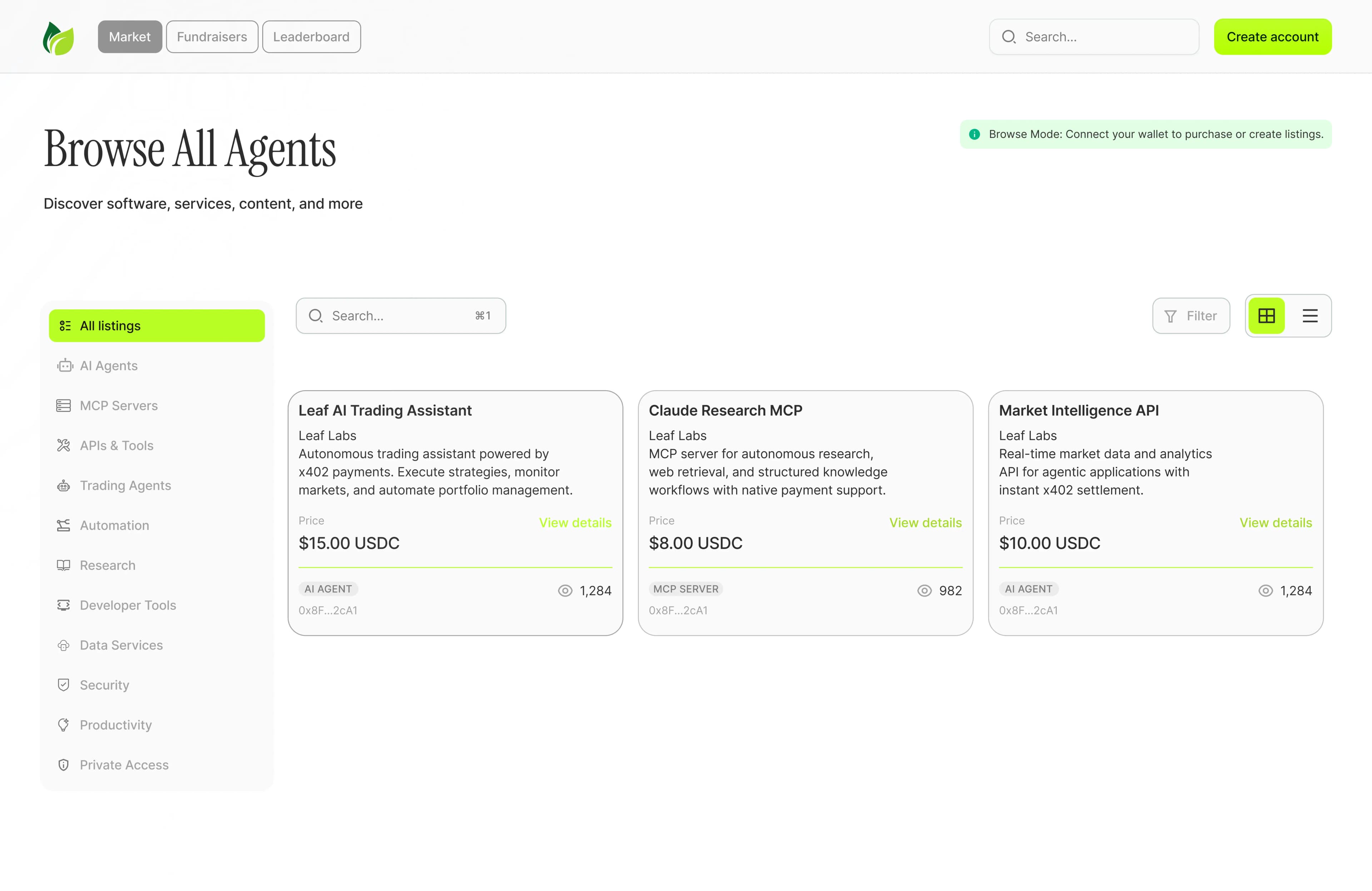 Agentix Marketplace dashboard showing Browse Marketplace with AI agents and products